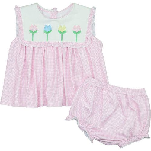 Pink Knit Gingham Applique Tulip Diaper Set | Cecil and Lou