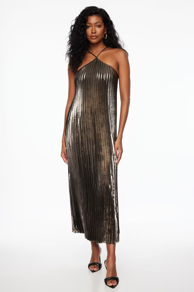 Metallic Halter Pleated Midi Dress | Dynamite Clothing