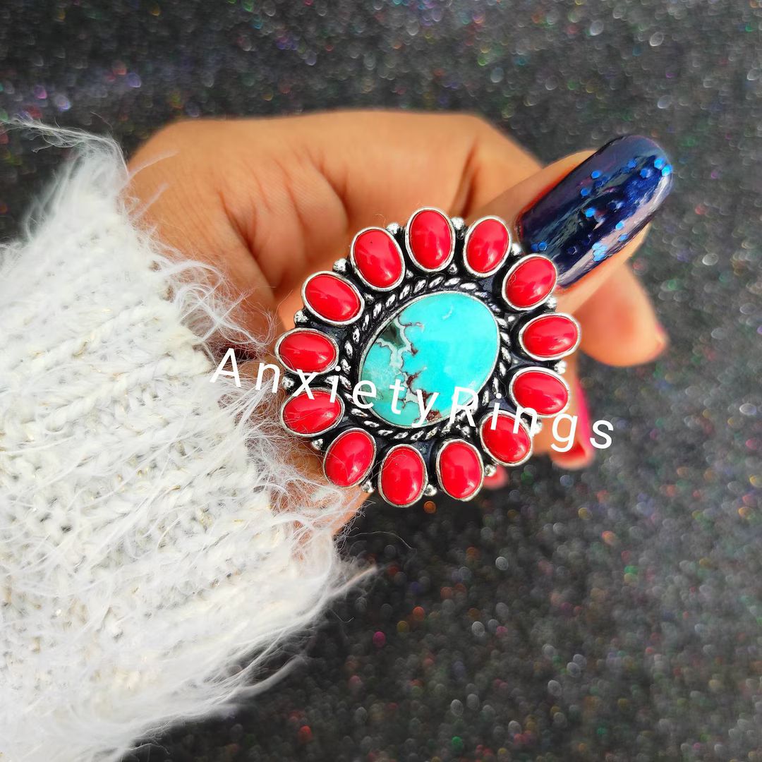 Red Coral and Turquoise Cluster Flower Ring, Handmade Boho Ring, Bridesmaid Ring, Wedding Ring fo... | Etsy (US)