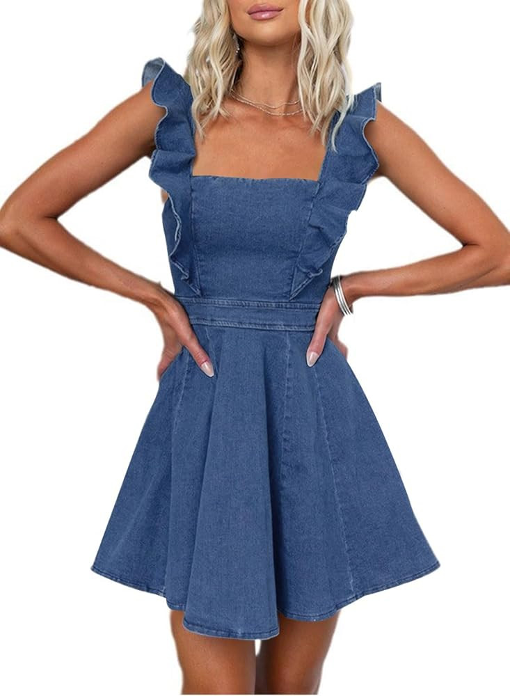 utcoco Denim Dress for Women Ruffle Adjustable Strap Sleeveless Backless Babydoll Mini Jean Dress... | Amazon (US)