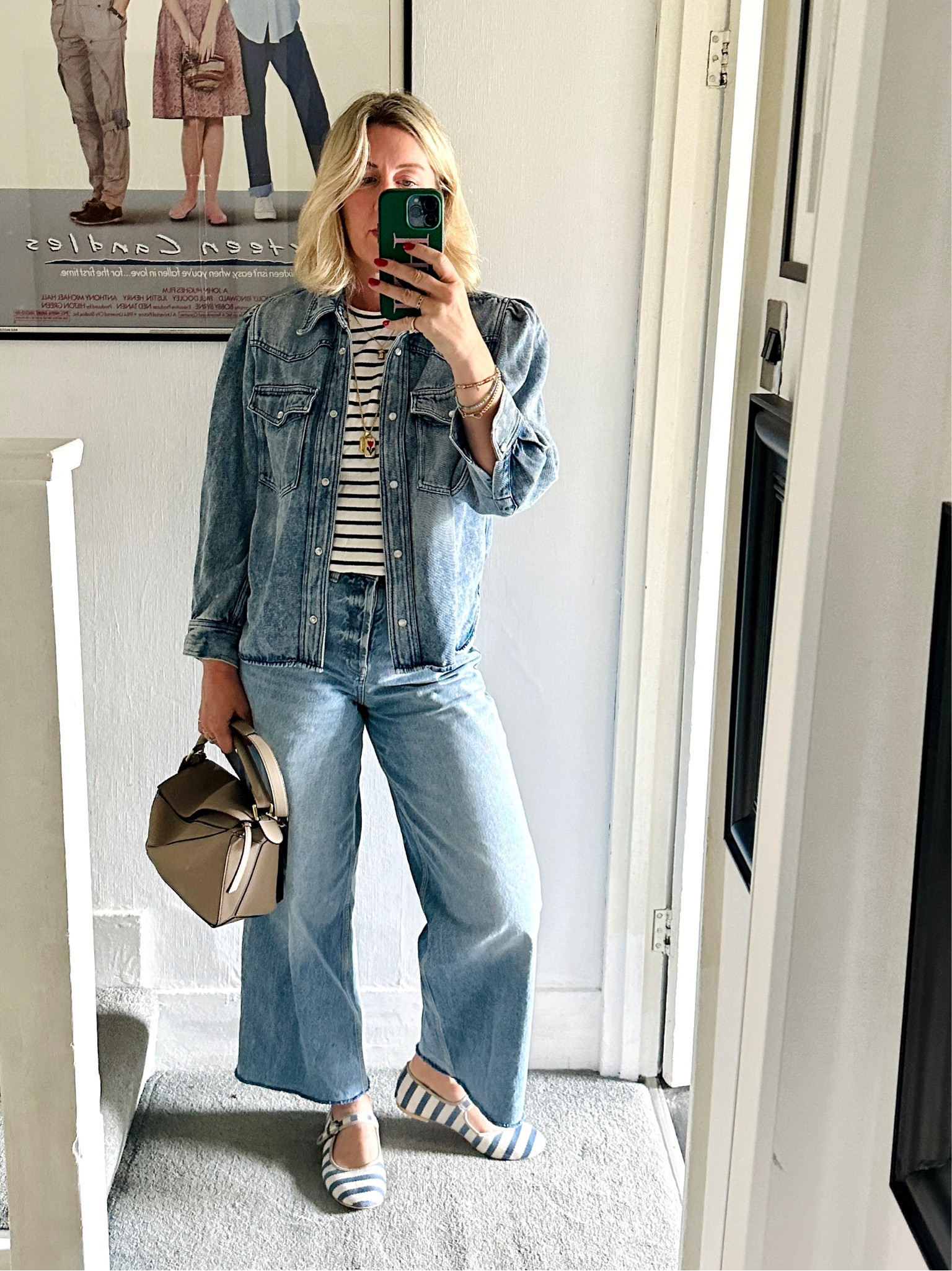Double denim. Stripe t shirt, denim shirt, wide leg jeans. 

#LTKeurope #LTKstyletip #LTKFind