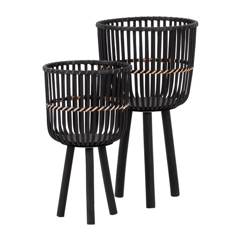 Edmund 2 Piece 19"H 10" Diameter /23"H 12" Diameter Black Tri-Footed Bamboo Planter Set for Garde... | Wayfair North America