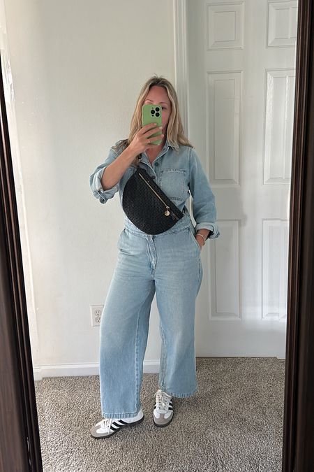 Easy weekend outfit | denim jumpsuit | Levi jeans | Clare V bum bag | adidas sneakers 

#LTKOver40