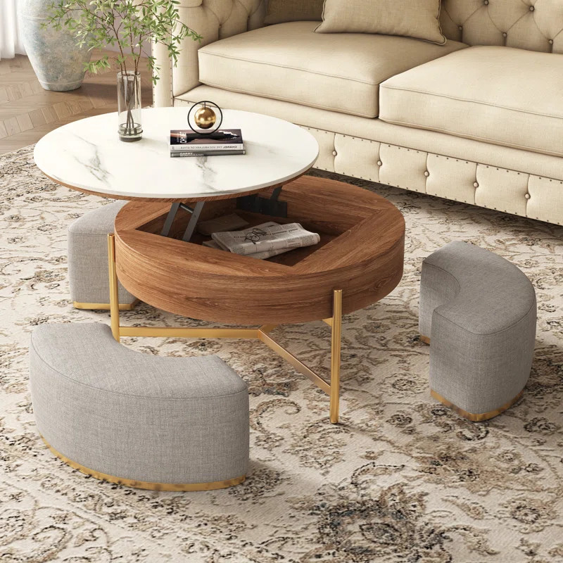 Zinna Lift Top Round Coffee Table Nesting Living Room Table with Storage 3 Stools Included | Wayfair North America
