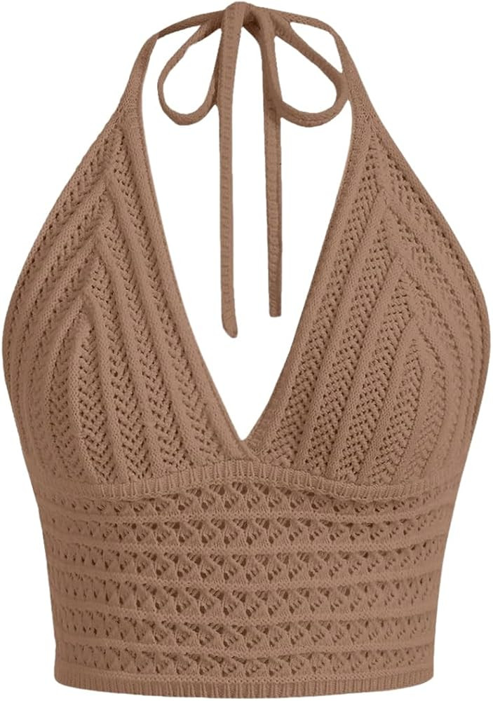 MakeMeChic Women's Crochet Tie Back Cropped Camisole Slim Fit Sleeveless Boho Shirts Knitted Halt... | Amazon (US)