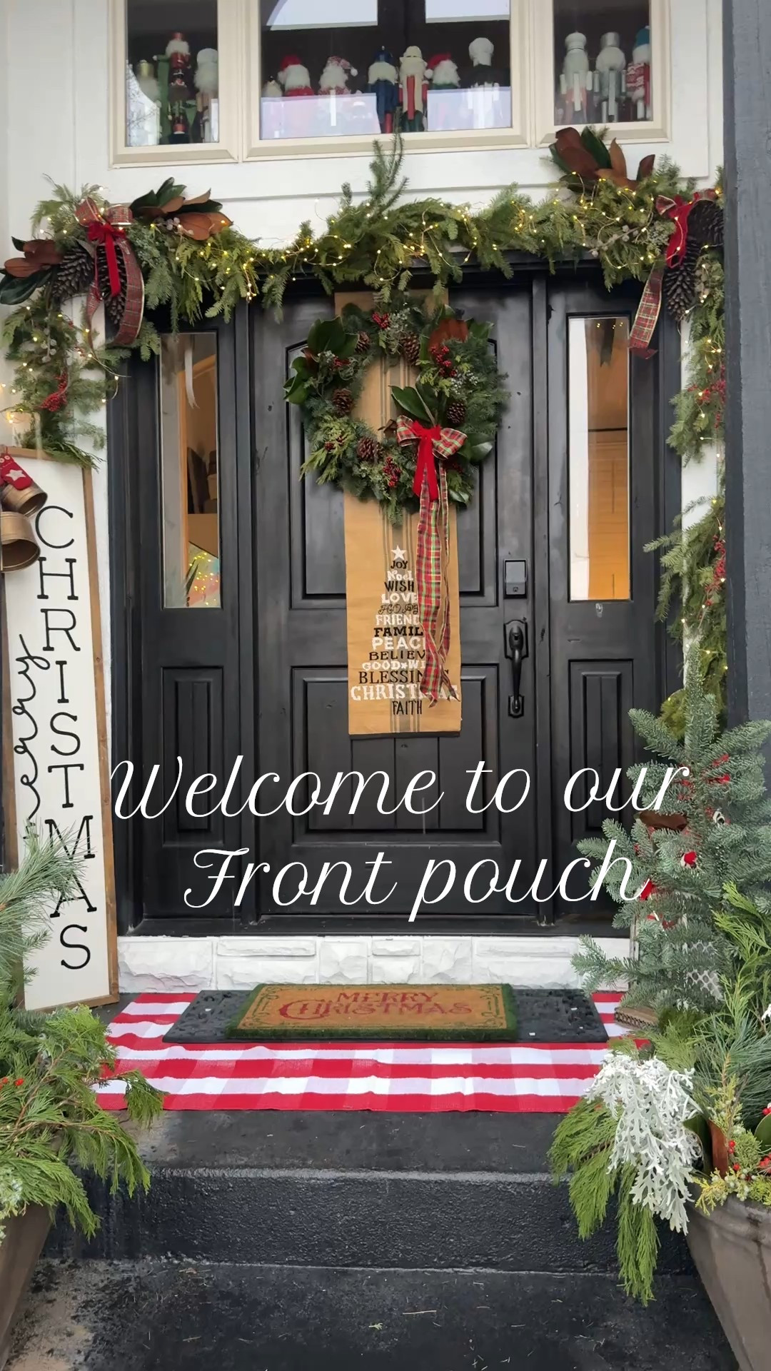 Welcome to our Front porch 

Holiday home decor  front porch styling!

Traditional tartan Plaid  ribbon
Fresh green garlands, magnolia, berries, juniper 
Pinecones , cedar 

Fresh wreath I also designed/created 

Red and white checked 3x5 rug 

Merry Christmas mat 

Frond gate rubber mat 

Table runner I used as a door decor under wreath 

Two large bells (mine are vintage) linked similar 

Merry Christmas sign 12 timbers 

Mix of other collected ribbons 

Linked what I could and similar items 

#LTKHoliday #LTKHome #LTKSaleAlert