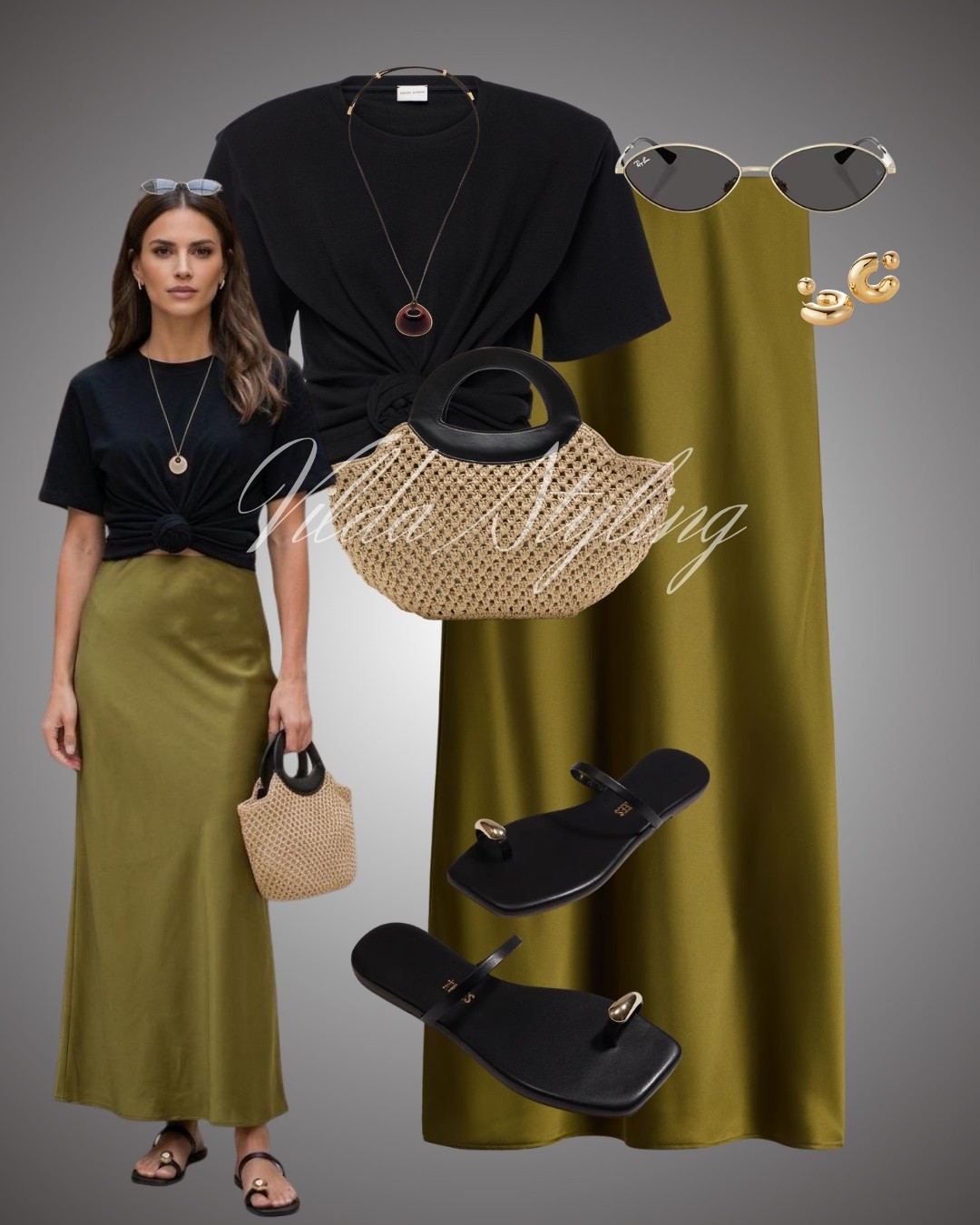 Khaki satin skirt black t-shirt raffia bag black sandals

#LTKspring #LTKuk #LTKsummer