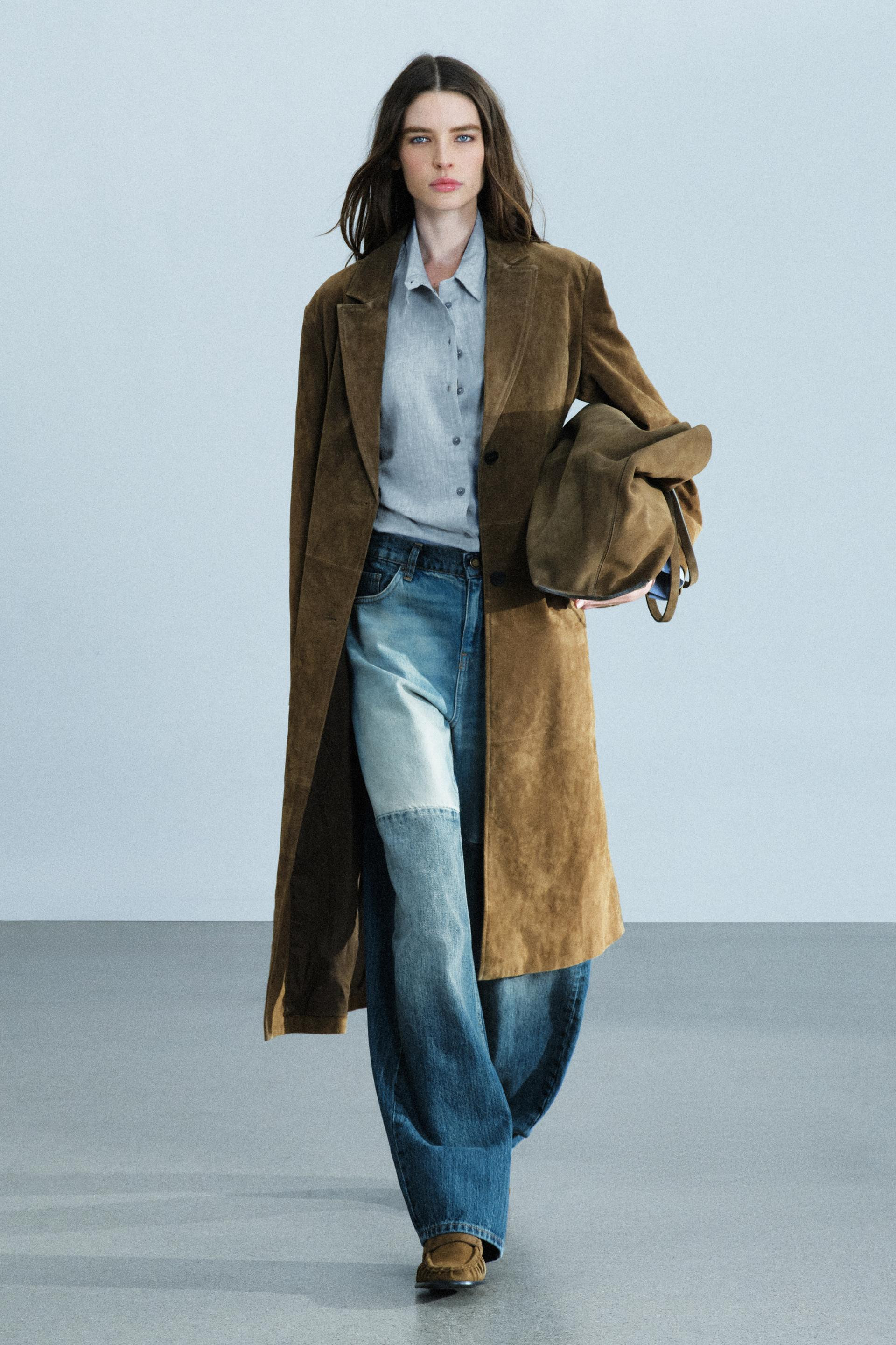 Zara - 100% Leather Long Coat Zw Collection - Olive Green - S - Woman | Zara US