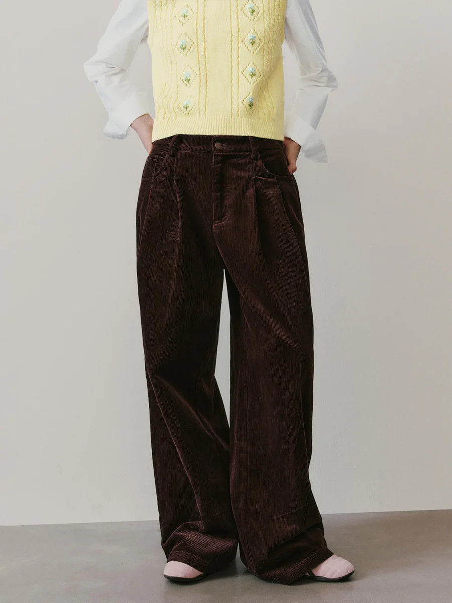 Corduroy Pleated Wide Leg Pants | Urban Revivo