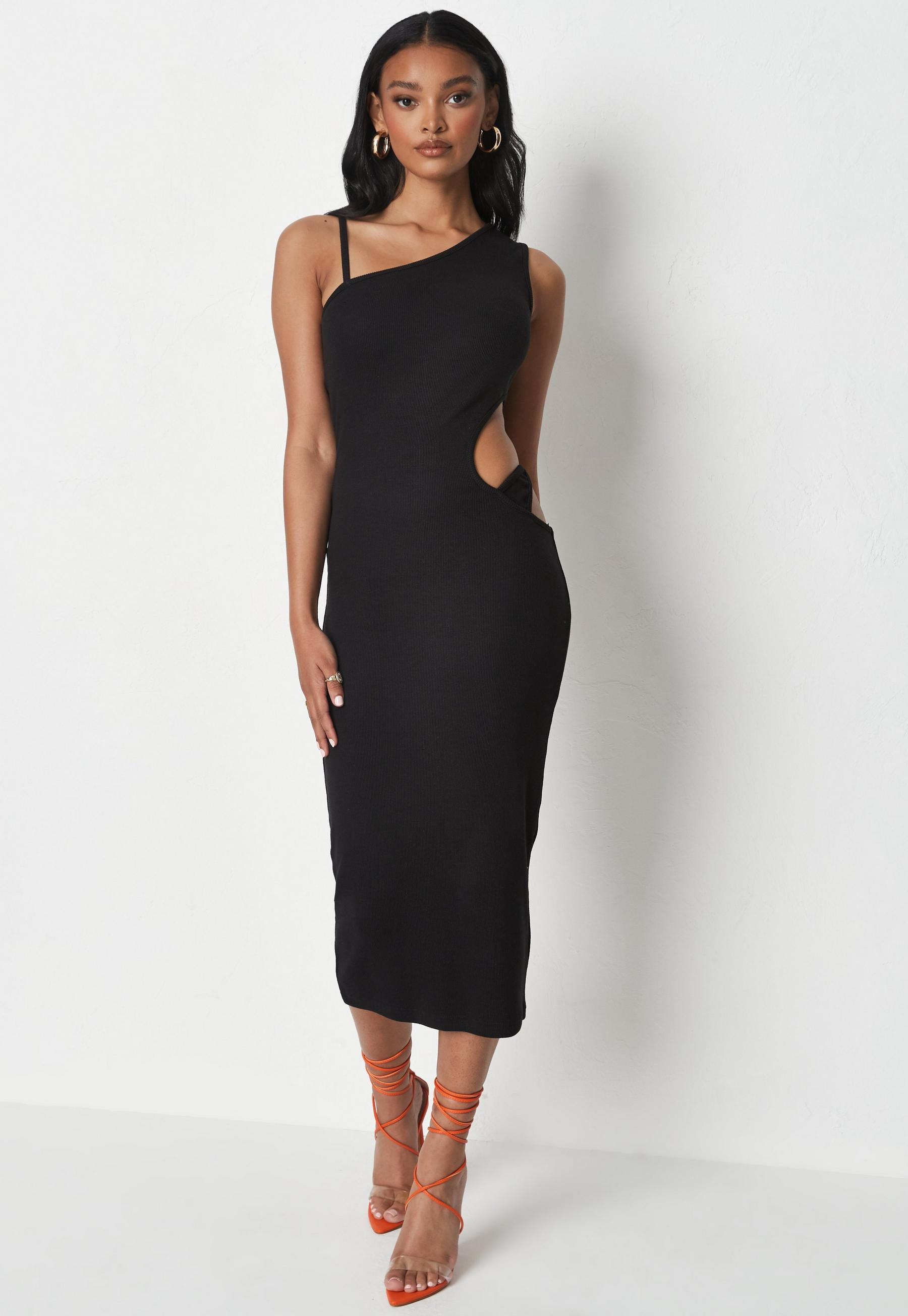 Black Rib Cut Out Thong Detail Midaxi Dress | Missguided (US & CA)