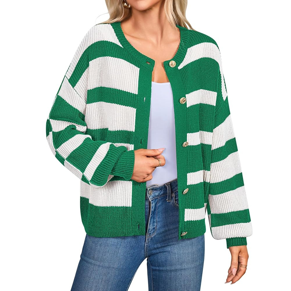 Womens Cardigan Sweaters Long Sleeve Striped Knit Cardigans Button Down Knitted Lady Jackets Oute... | Amazon (US)