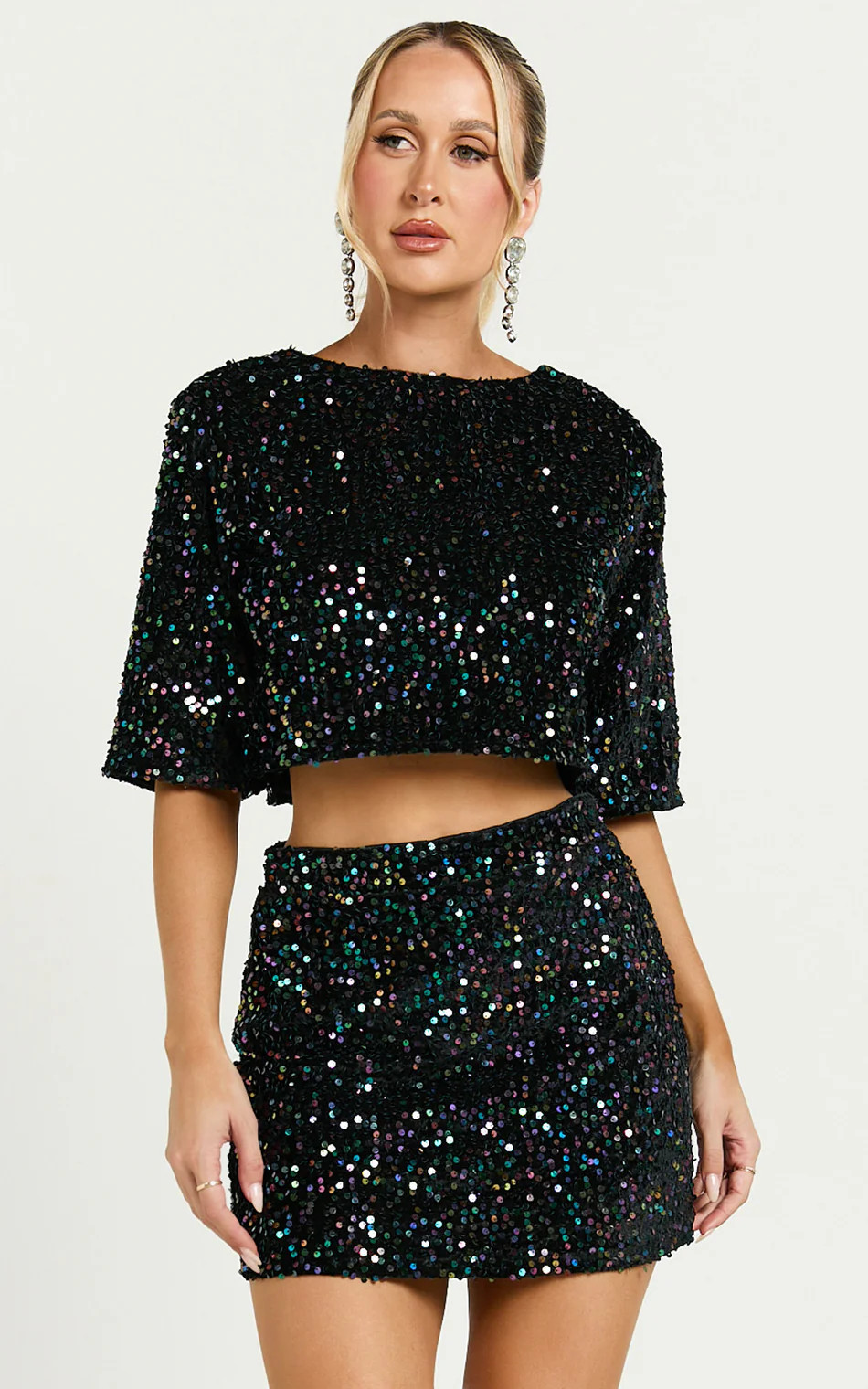 Reah Two Piece Set - Tie Back Top and High Waisted Sequin Mini Skirt in Black | Showpo (US, UK & Europe)