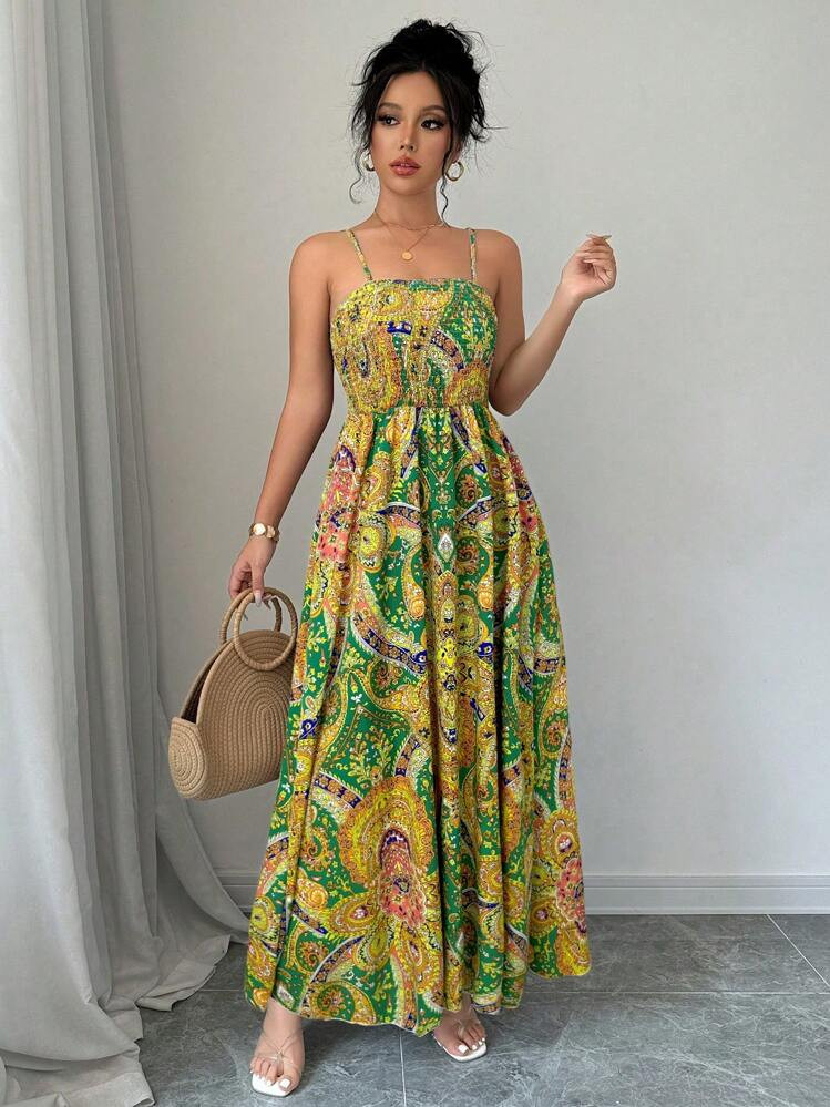 Breezaya Paisley Print Spaghetti Strap Dress, Vacation Casual Maxi Vacation Beach Outfits Women | SHEIN