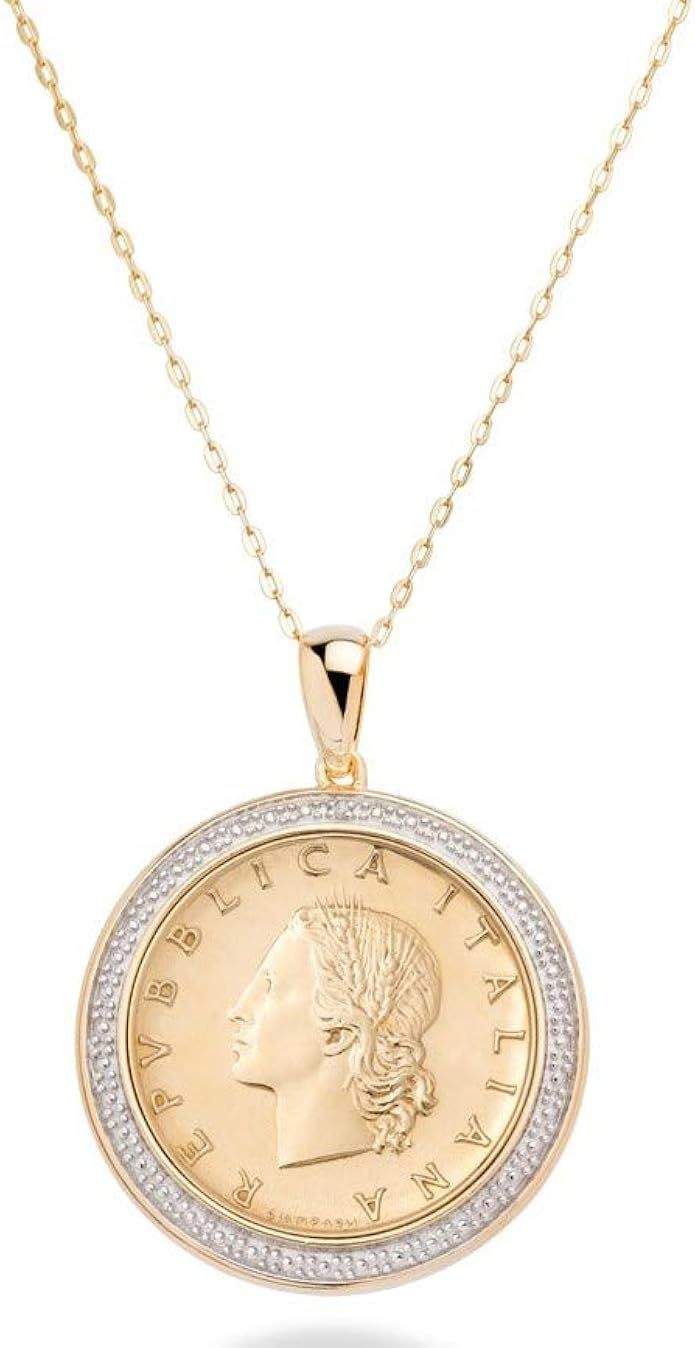 Miabella 18K Gold over Sterling Silver Diamond Accent Genuine Italian 20 Lira Coin Pendant Neckla... | Amazon (US)