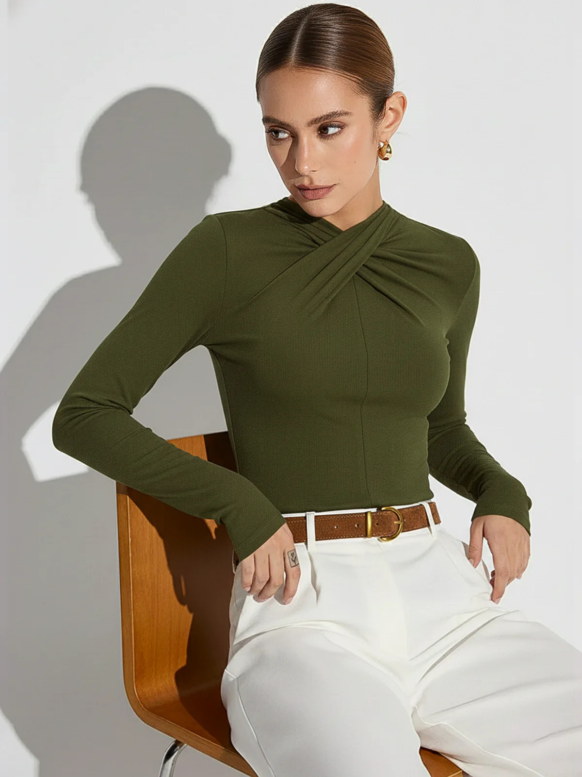 Twisted Front Detail Long Sleeve Knit Top | Commense