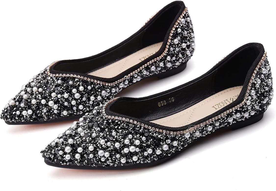 Women's Rhinestone Flats Fashion Pointed Toe Pearl Diamond Low Heel Dress Wedding Flats Work Busines | Amazon (US)