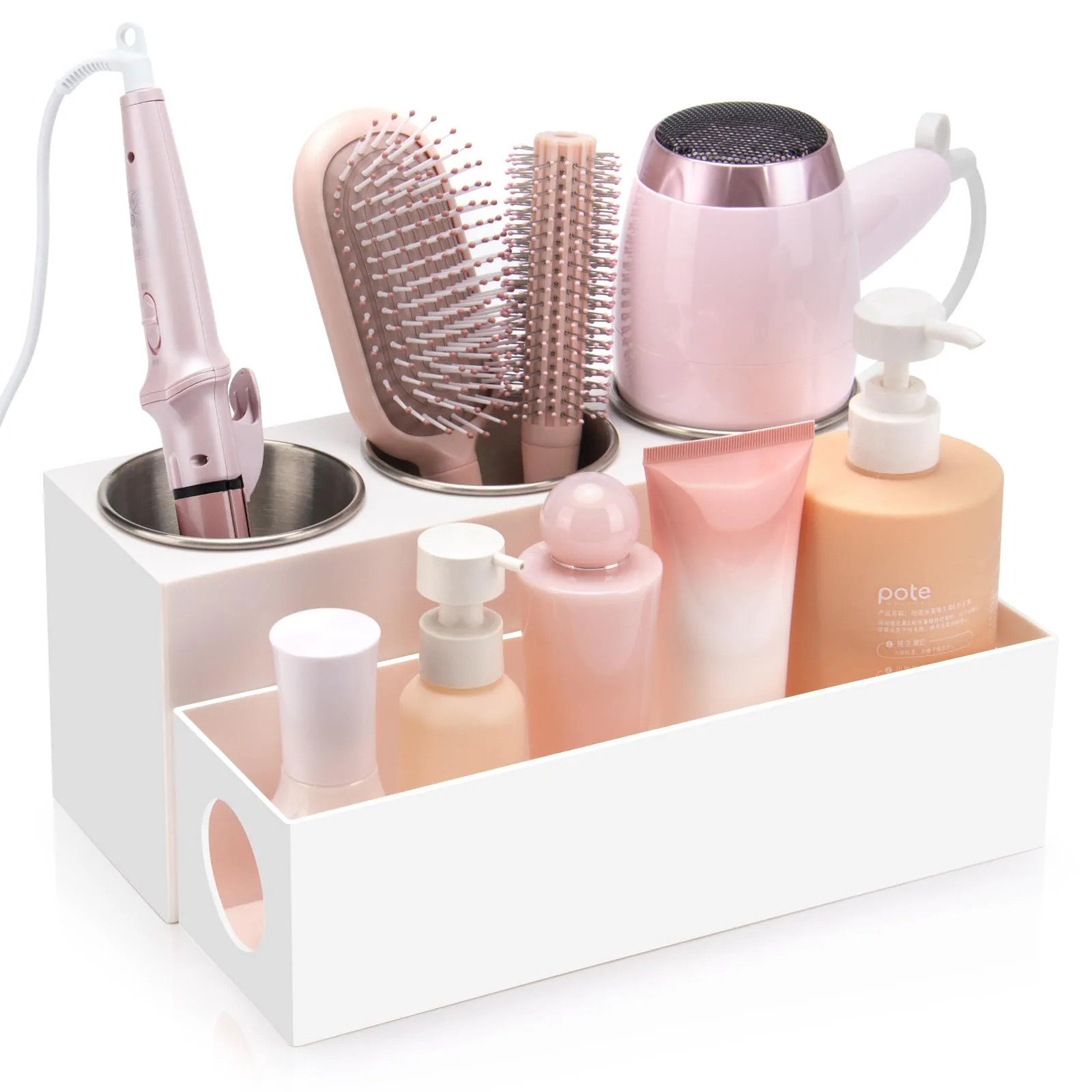 Anqtovp Hair Tool Organizer with 3 Stainless Steel Cups for Bathroom Vanity Storage Holds Hair Dryer Curling Iron Straightener White 1 Piece | Lowe's