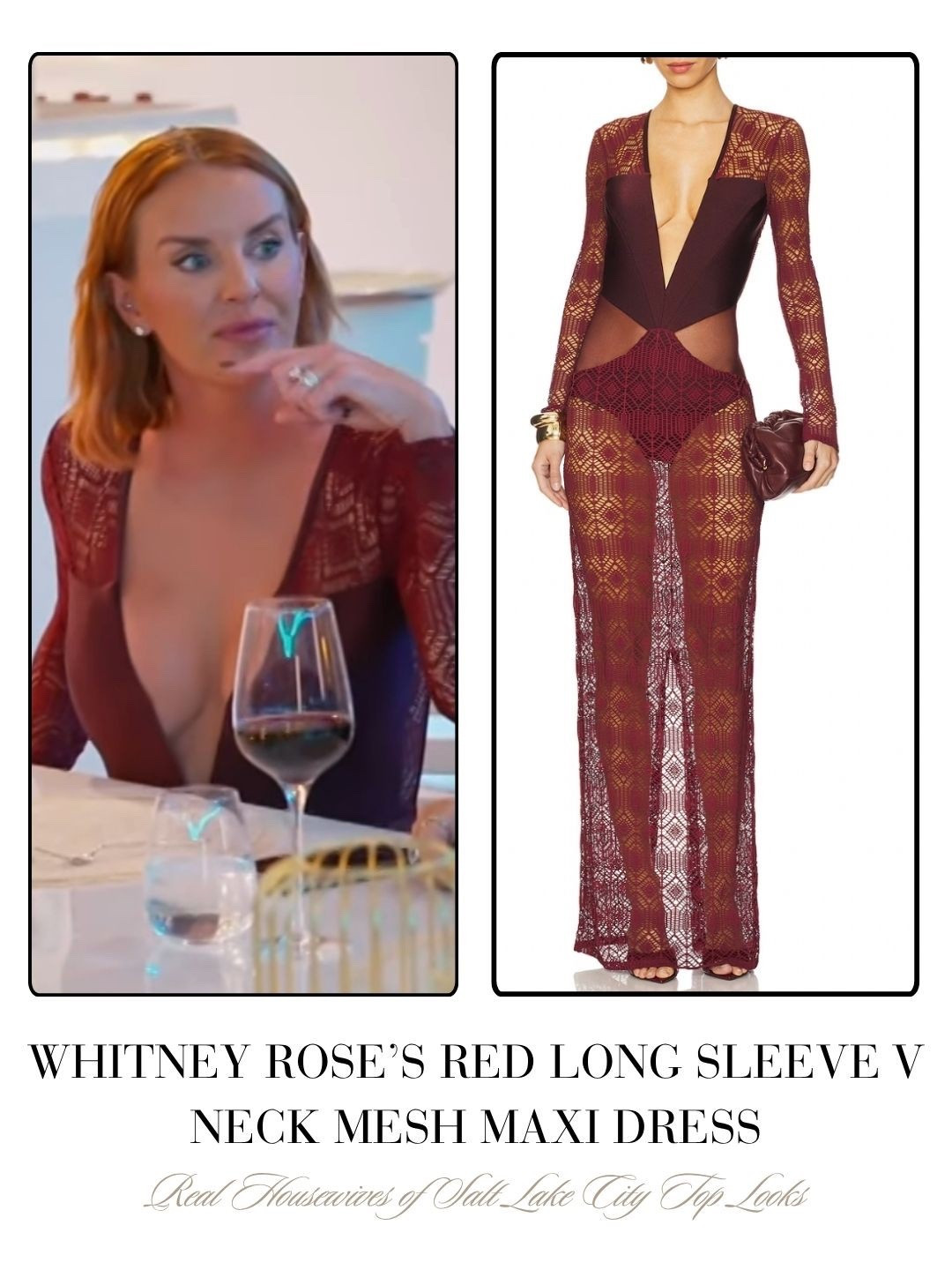 Whitney Rose’s Red Long Sleeve V Neck Mesh Maxi Dress