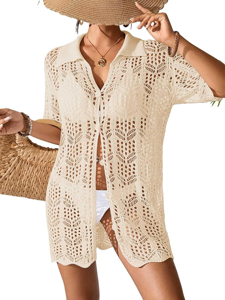 Womens Crochet Knit Polo Collar Swimsuit Coverup Cardigan Summer 2025 Beach Bathing Suit Cover Up... | Amazon (US)