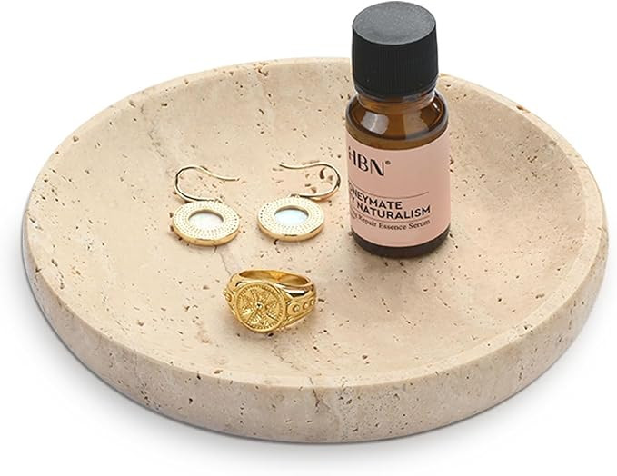 Natural Marble Round Jewelry Tray 5.5 inch, Beige Travertine Accent Dish for Rings, Keys, Earring... | Amazon (US)