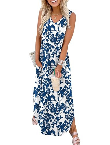 Sampeel Summer Italian Dresses for Women 2025 Vacation Beach Cruise Outfits Maxi Dress Elegant Classy Maternity Floral Blue L | Amazon (US)