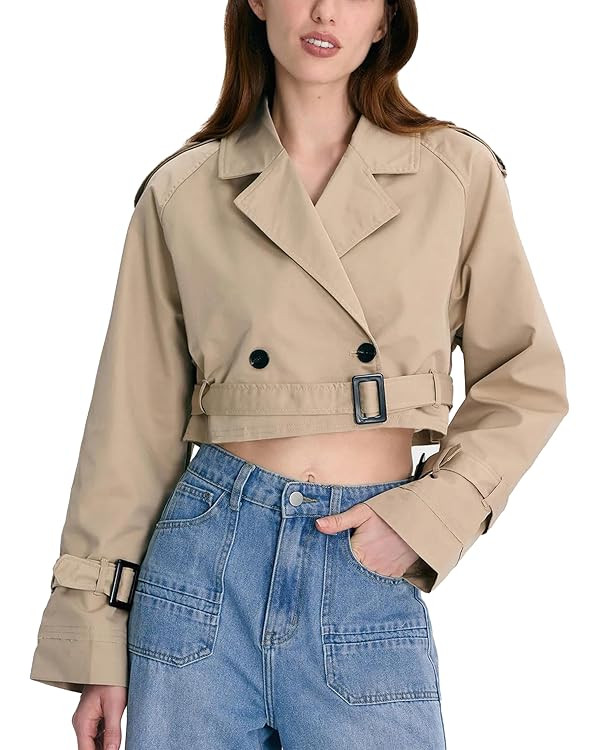Xiaoxuemeng Womens Cropped Bike Jacket Casual Double Breasted Trench Coat with Belt | Amazon (US)