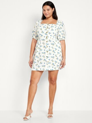 Puff-Sleeve Linen-Blend Mini Dress | Old Navy (US)