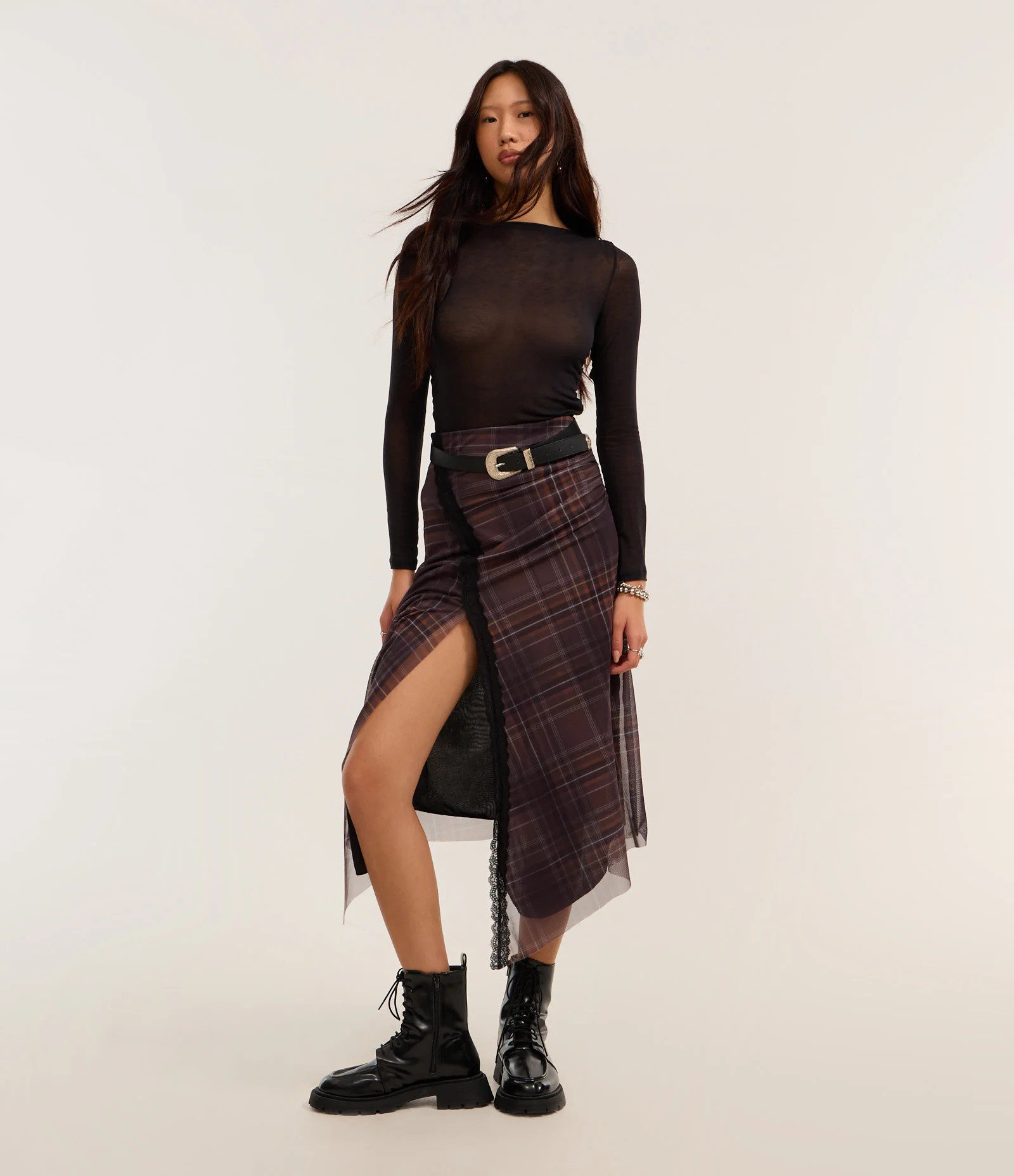 Saia New Midi em Tule Xadrez com Pontas Marrom - Lojas Renner | Renner (BR)