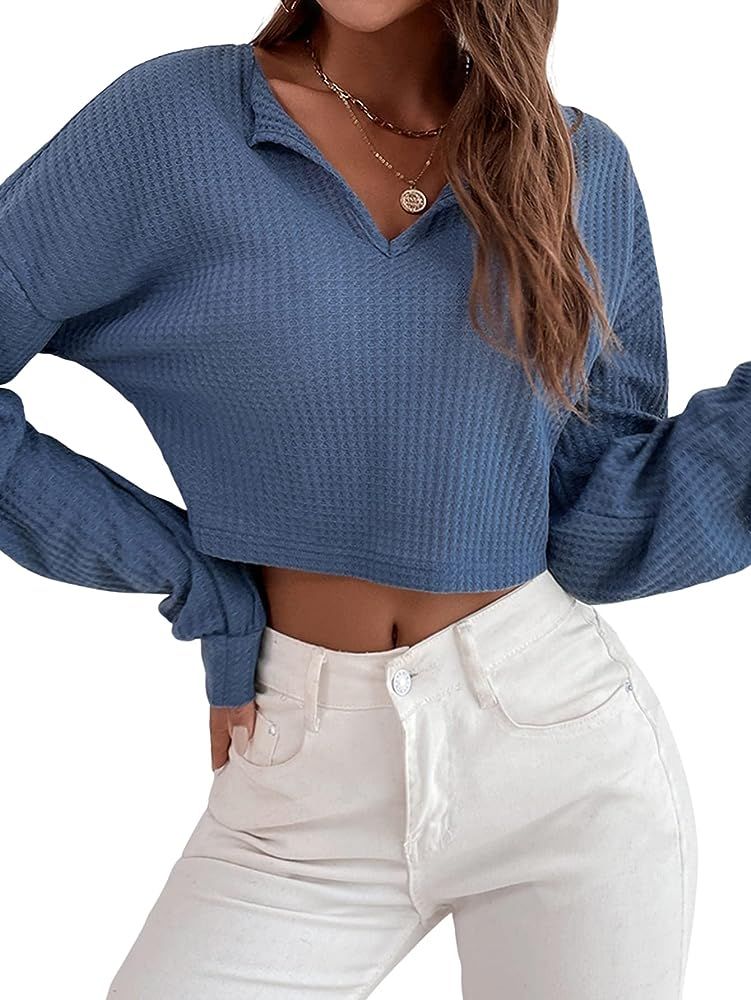 SOLY HUX Women's Notched V Neck Bishop Long Sleeve Waffle Knit Tee Crop Top | Amazon (US)