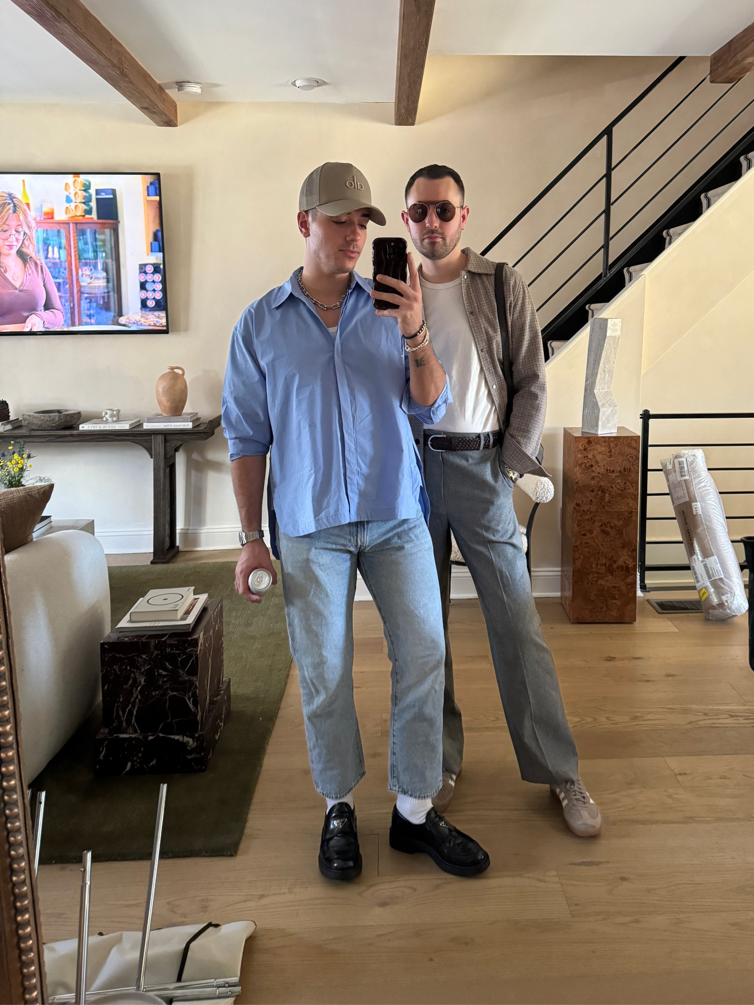 easy weekend outfit inspo! An oversized cotton button up with a comfortable pair of levi’s 🤌🏻 Black prada loafers to contrast it all. Alex is wearing a pair of high waisted zara trousers with a very old H&M over shirt! 

#LTKstyletip #LTKsalealert #LTKmens