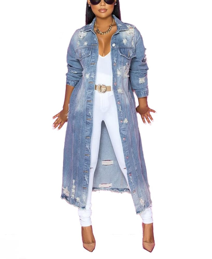 Womens Distressed Ripped Denim Trench Coat Casual Slim Button Down Washed Long Jean Jacket | Amazon (US)