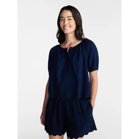 Time and Tru Women's Linen Blend Blouse with Scalloped Hem, Sizes XS-XXXL | Walmart (US)