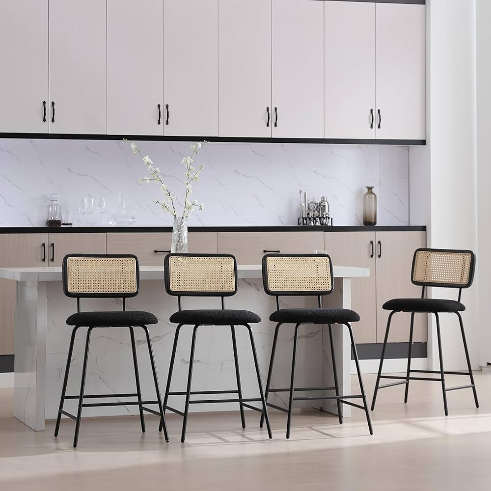 Rattan Counter Height Bar Stools Set of 4, 26'' Boucle Counter Stools with Cane Back, Modern Counter Stools for Kitchen/Home Bar/Restaurant, Black Sherpa | Amazon (US)