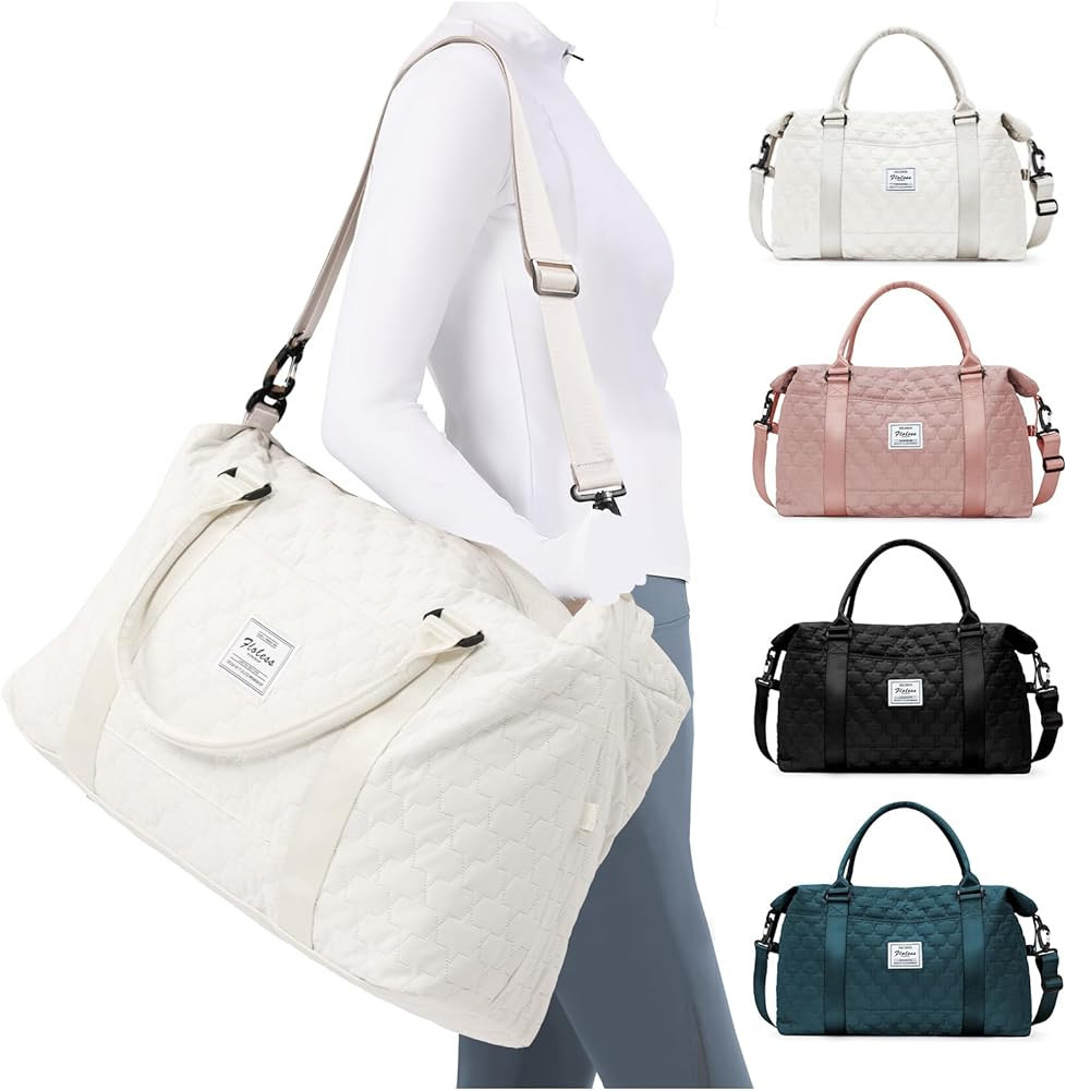 Beige Travel Duffle Bag for Women Men, Waterproof Overnight Bag with Wet Pocket, Large Carry On G... | Amazon (US)