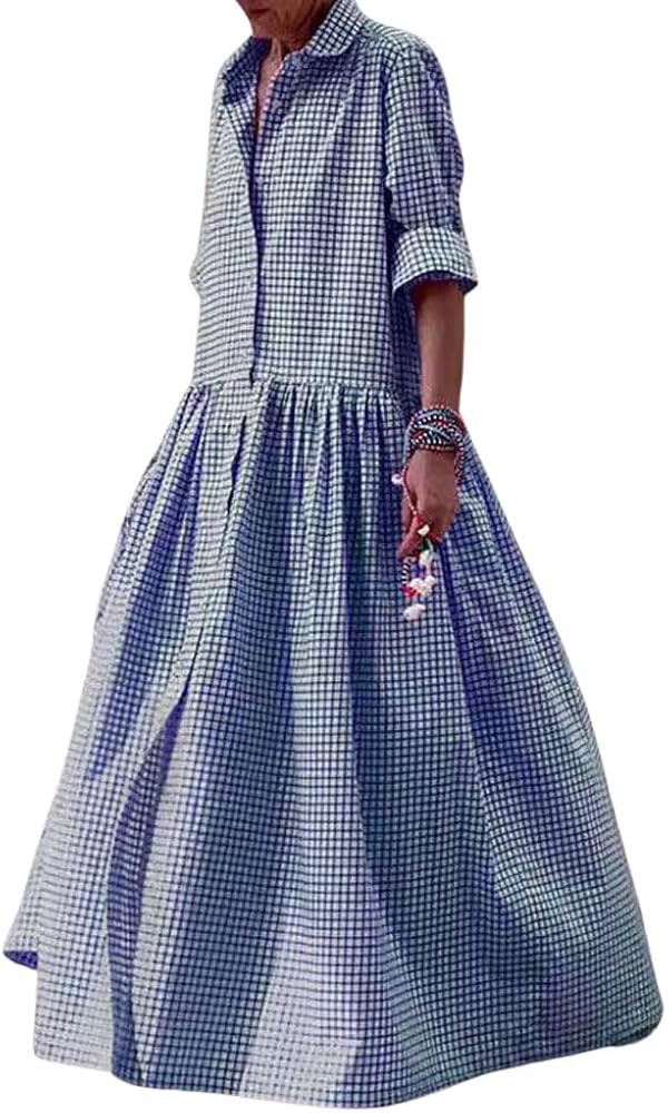 chouyatou Women's Retro Plaid Button Down Maxi Shirt Dress Long Sleeve Button Up Gingham Swing Lo... | Amazon (US)