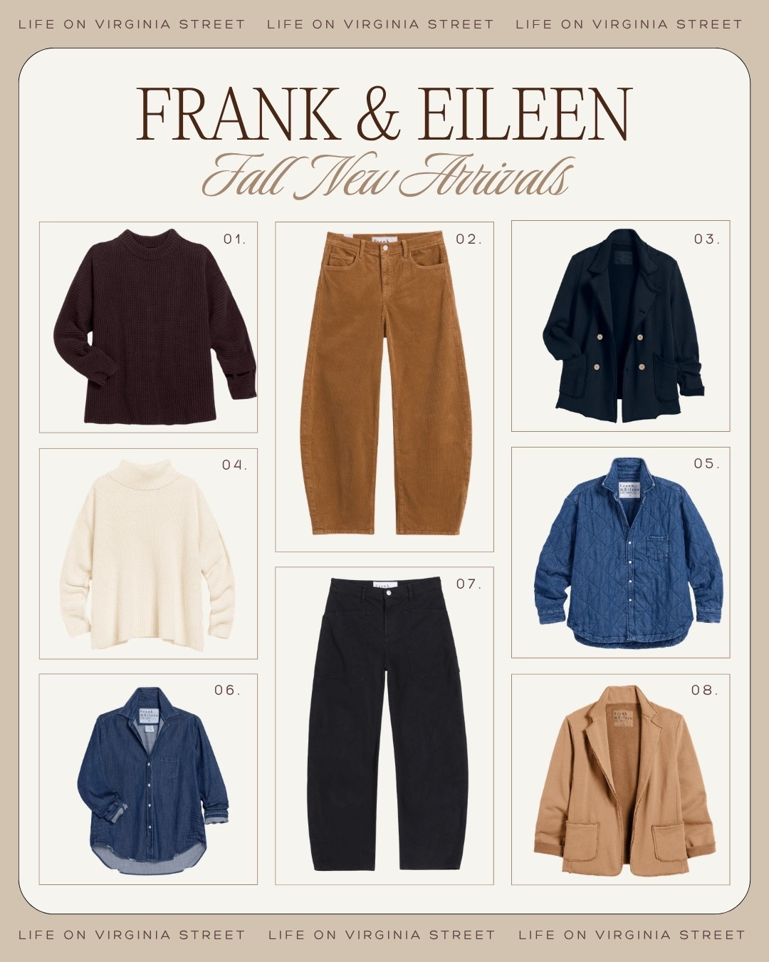 Frank & Eileen Fall New Arrivals! 🙌🏼

frank and eileen, frank & eileen, frank and eileen new arrivals, frank and eileen fall, frank and eileen fall collection, frank and eileen fall new arrivals, frank and eileen women, frank and eileen style, fall new arrivals, fall fashion, fall outfits, fall outfit ideas, fall wardrobe, fall capsule wardrobe, fall transition outfits, classic fall style, elevated casual, polished casual, effortless style, timeless fashion, luxury basics, elevated basics, California style, casual chic, fall layering, fall founder edit, fall sweaters, italian cotton sweater, pullover sweater, cardigan sweater, fall button downs, button up shirt, relaxed button up, Eileen shirt, Patrick popover henley, fall jackets, Belfast trench, cropped peacoat, blazer, fall denim, barrel jeans, straight leg jeans, denim outfit, corduroy pants, corduroy outfit, fall trousers, chinos, wide leg pants, fall dresses, fall skirts, matching sets, travel sets, triple fleece, triple terry, vintage jersey, fall sweatshirt, elevated sweatshirt, fall loungewear, chocolate brown outfit, camel outfit, navy outfit, cream outfit, olive green outfit, plaid outfit, fall neutrals, rich fall colors, everyday fall outfit, weekend outfit, travel outfit, airport outfit, work from home outfit, women over 30 style, women over 40 style, wardrobe staples, investment wardrobe, modern classic style, quiet luxury style, designer casual style

#LTKootd #LTKgrwm #LTKSeasonal