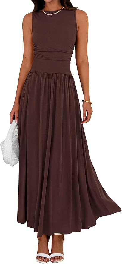 BTFBM Summer Maxi Dresses for Women Sleeveless Casual Dress | Crewneck High Waisted Ruched Tank A... | Amazon (US)