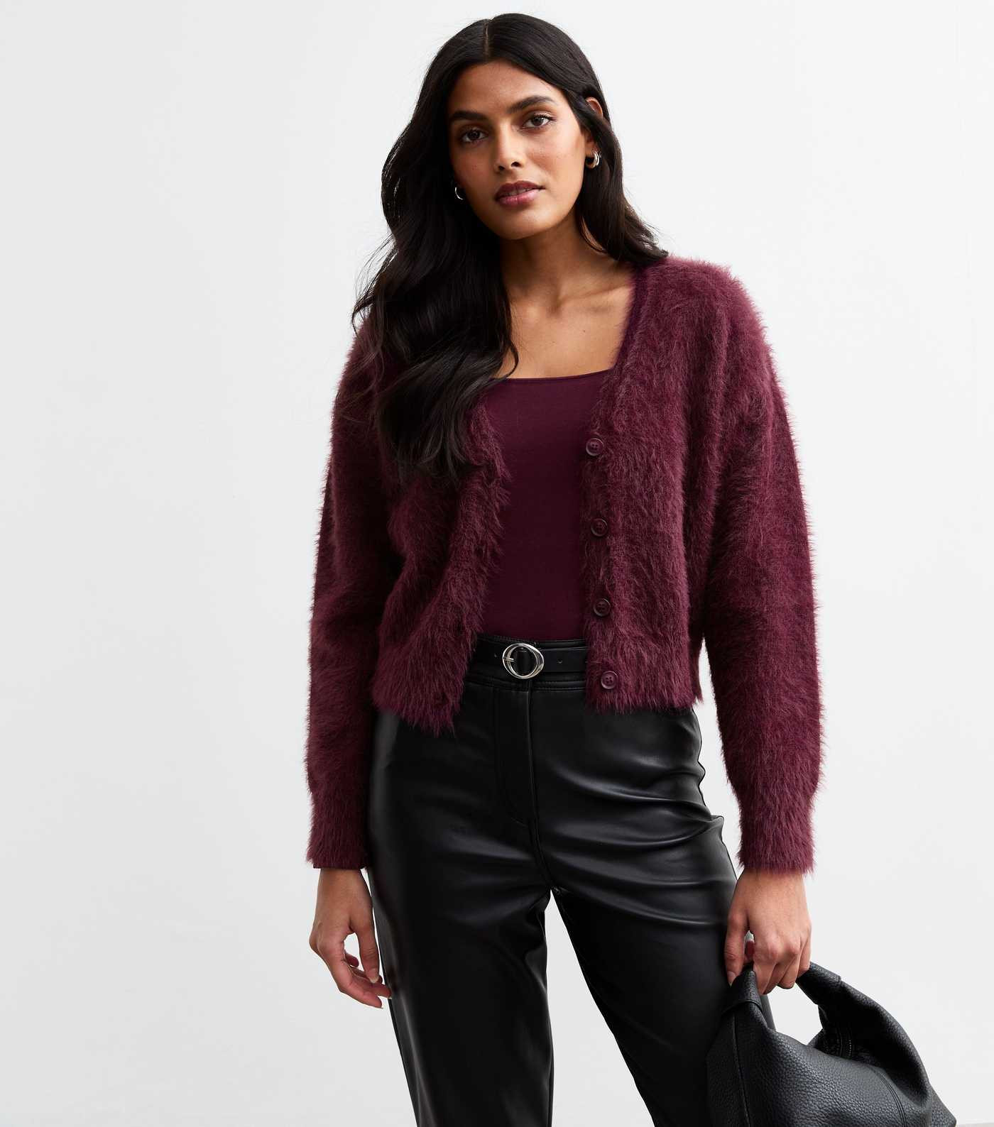 Burgundy Fluffy Button Up Cardigan | New Look | New Look (UK)