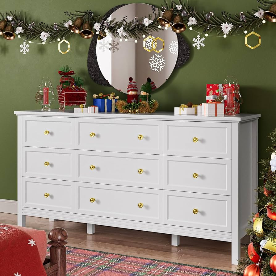 59'' White Dresser for Bedroom with 9 Drawers, Wood Large Dresser with Gold Handles, Modern Wide ... | Amazon (US)