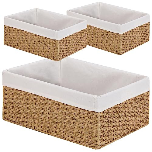 Vagusicc Wicker Storage Basket, 3-Pack Woven Paper Rope Wicker Baskets with Handles, Large Wicker Basket Cube Storage Bins with Liners, Storage Baskets for Organizing Shelves & Decor, Natural | Amazon (US)