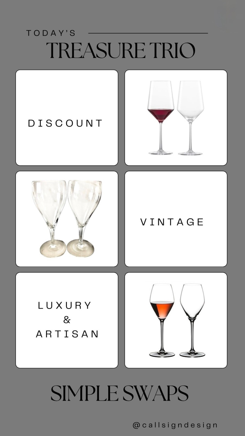 Nothing makes you feel elegant like drinking your wine out of a timeless stemmed glass! Upgrade yours with these simple swaps! 🍷✨

#CallSignDesign #Vintage #Luxury #InteriorDesign #InteriorDecorating #Elegance #Chandelier #OldWorldCharm #DesignStyle #CastleCore #OldWorldCharm  #SimpleSwaps #wine #wineglasses