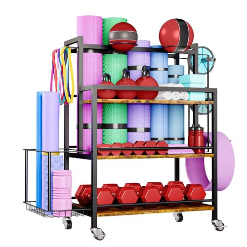 EasyCom Home Gym Storage, 4 Tier Large Capacity Rack for Dumbbells Kettlebells Foam Roller, Yoga Mat Strap and Resistance Bands, Exercise/Workout Equipment Storage Gym Organizer With Hooks and Wheels | Amazon (US)