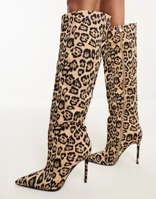 Simmi London Jairo knee boots in leopard matte satin | ASOS (Global)