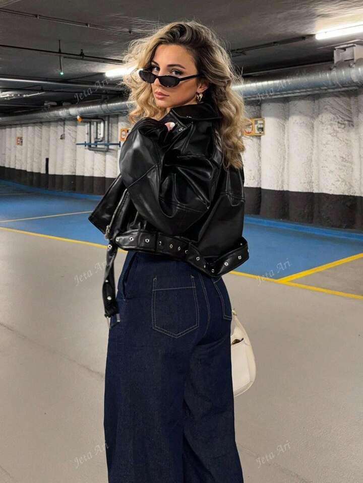 Jeta Ari Zip Up PU Leather Moto Jacket | SHEIN