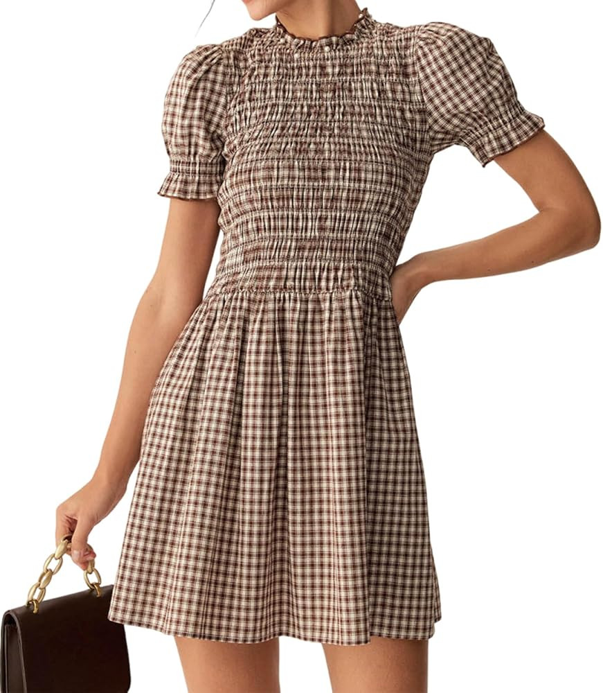 RIHOAS Women Shirred A-Line Midi Dress Summer Dresses Puff Short Sleeve Smocked Flowy Ruffle Boho... | Amazon (US)