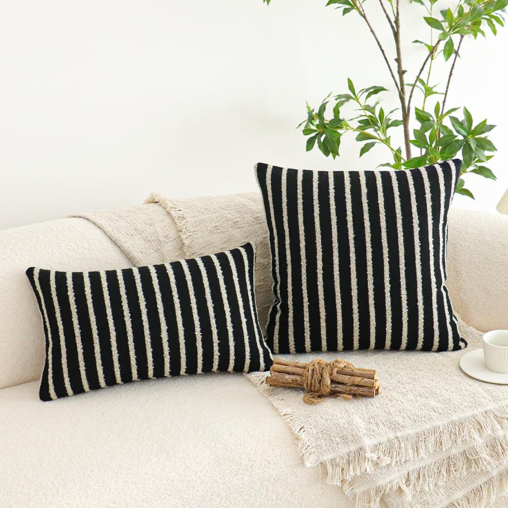 Jonhier Black Striped Boho Throw Pillow Cover, Modern Boucle Textured Square Pillowcase for Sofa ... | Amazon (US)