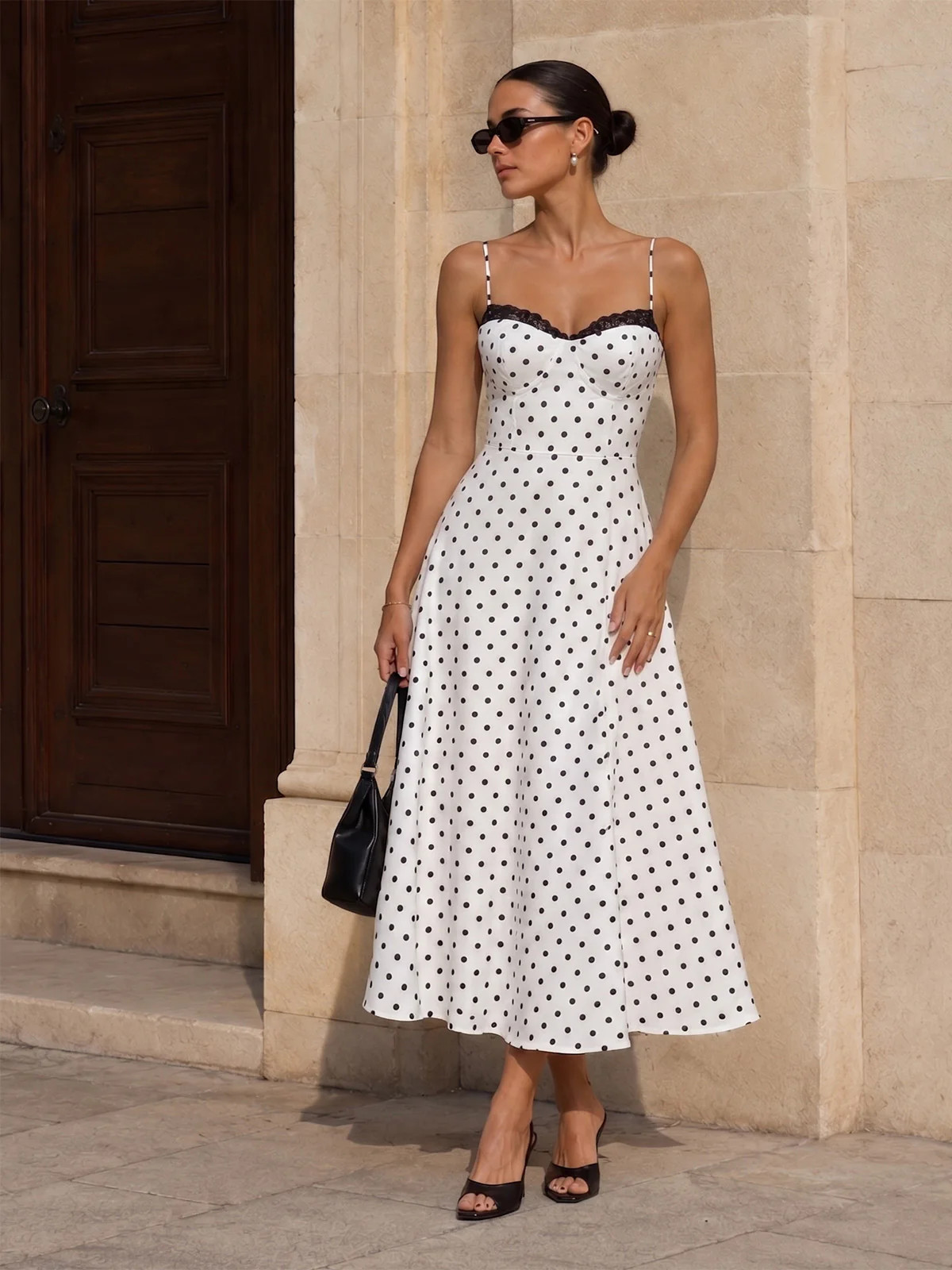 Polka Dot Lace Trim Cami Maxi Dress | Commense