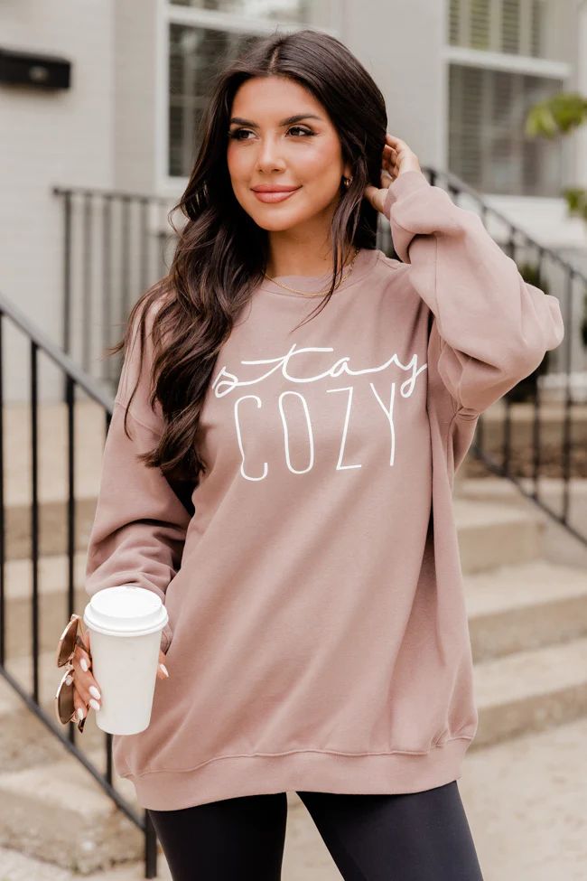 Stay Cozy Mocha Oversized Graphic Sweatshirt | Pink Lily