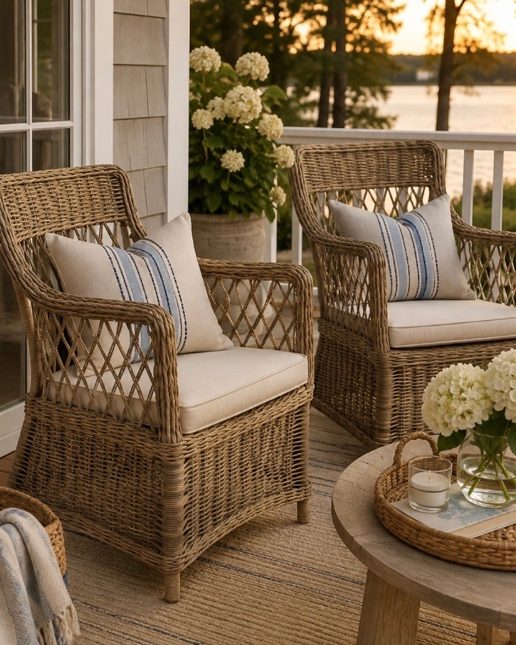 This is exactly the kind of outdoor corner I’d never want to leave. ☀️ Woven texture, soft blue stripes, fresh hydrangeas, and a quiet spot to enjoy morning coffee or unwind at sunset. I rounded up the chairs, pillows, and similar pieces in my LTK so you can recreate the look in your own backyard.