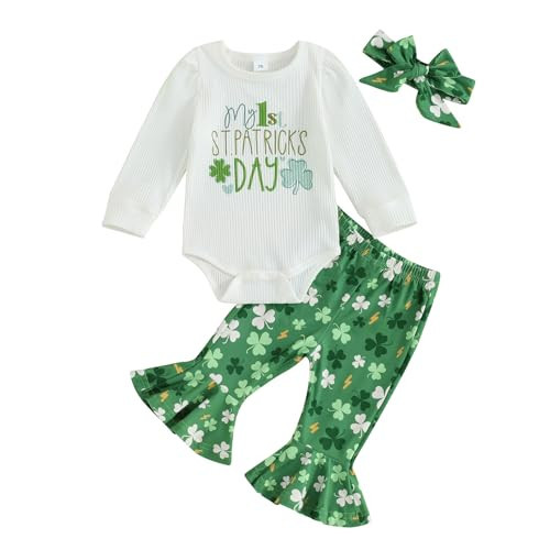 wybzd My First St Patrick's Day Baby Girl Outfit Ribbed Romper Shamrock Onesie Top Bell-Bottom Pants Sets Cute Clothes 1ST Patricks 12-18 Months | Amazon (US)